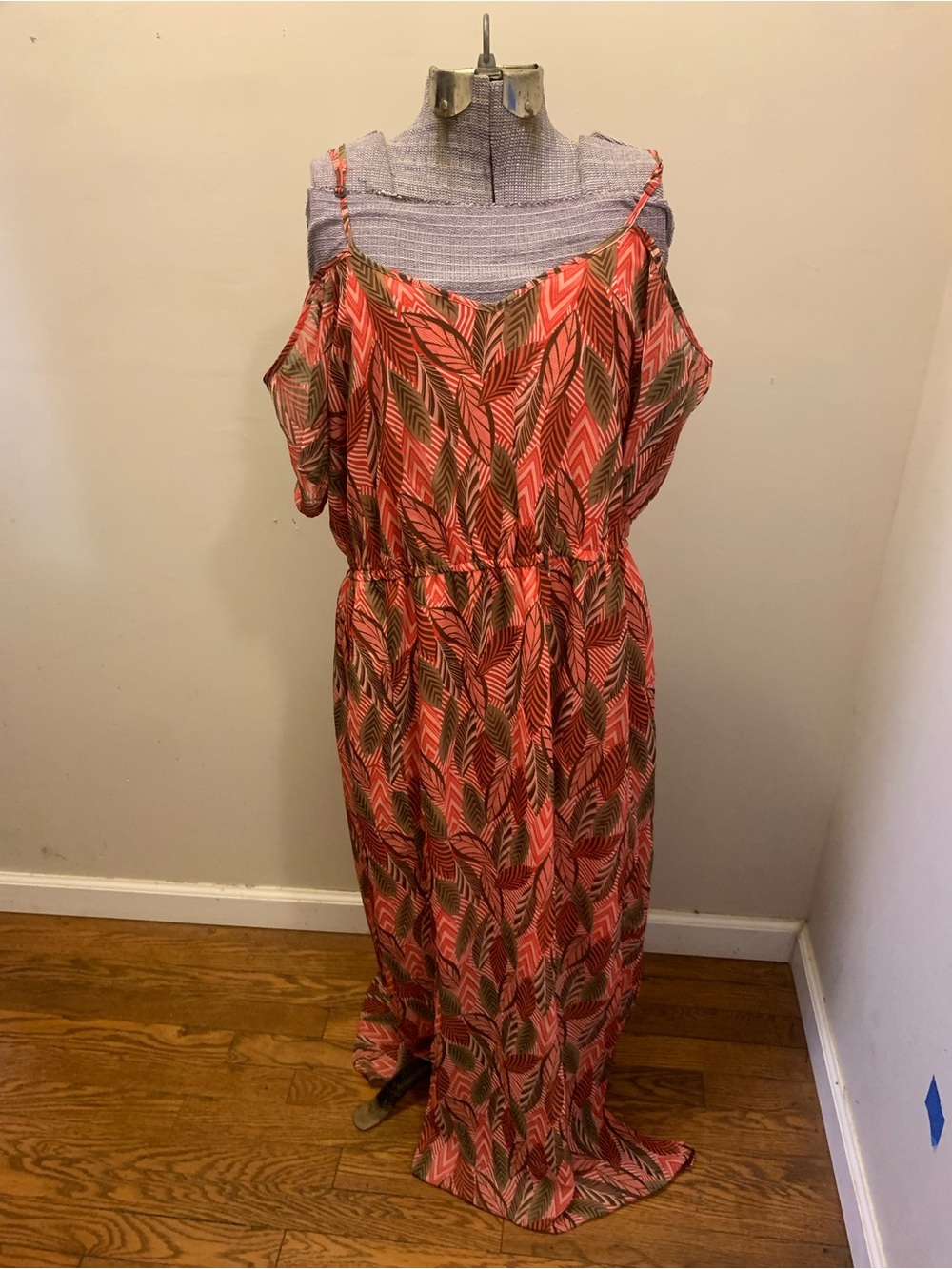 Charming Charlie Coral and Olive Leaf-Print Cold-Shoulder Maxi Dress